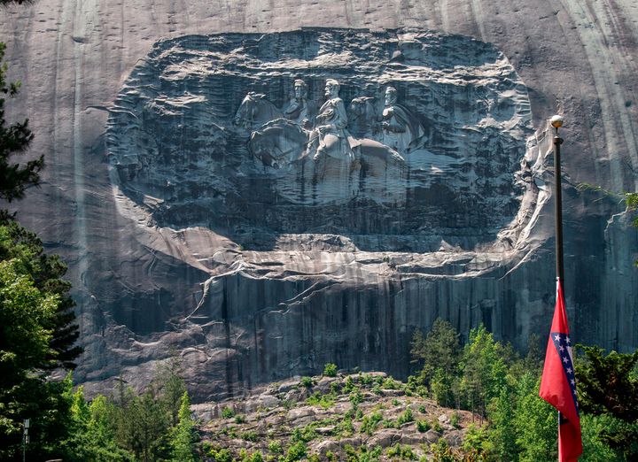 A carving on Stone Mountain honoring Confederate generals is shown on Monday, May 24, 2021, in Stone Mountain, Ga. The Stone 