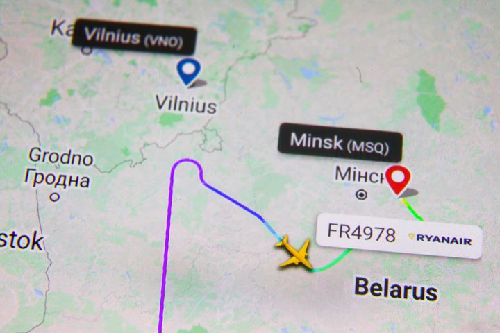 Το στίγμα της πτήσης της Ryanair FR4978 όπως εικονίζεται στον ιστότοπο Flightradar24 στις 24 Μαϊου 2021. (Photo by Beata Zawrzel/NurPhoto via Getty Images)