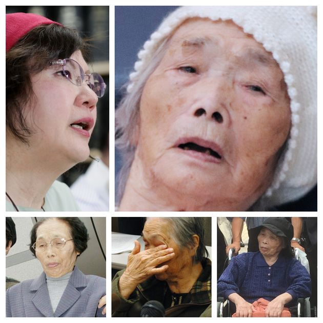 大崎事件の冤罪を訴える原口アヤ子さん（右上、2019年）と鴨志田祐美弁護士（左上）。下3枚は再審請求が棄却されてもその度に請求し続ける原口アヤ子さん（左から2004年、2006年、2015年）
