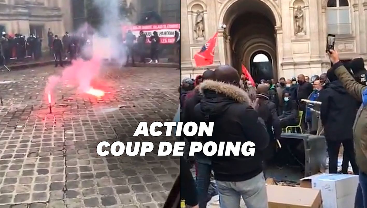 À Paris, des éboueurs et des égoutiers manifestent dans la cour de l'Hôtel de Ville