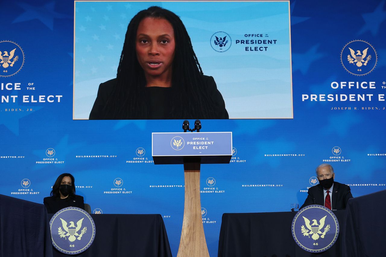 Marcella Nunez-Smith, who chairs the White House COVID-19 equity task force, speaks at a news conference during the presidential transition on Dec. 8. She has continued to make regular appearances at White House events since Joe Biden took office, and officials say the equity task force is a constant presence in meetings, guiding policy.