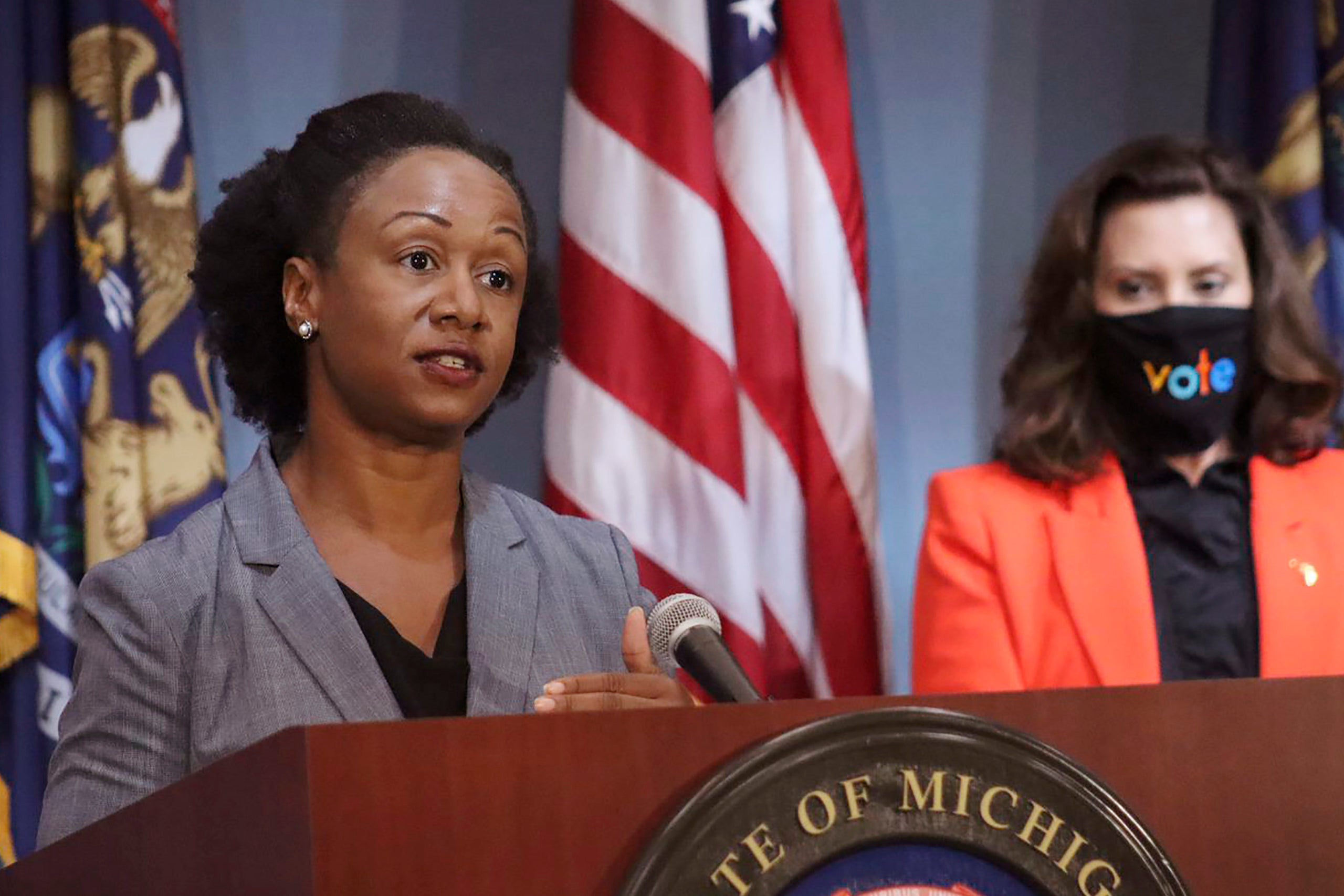 Joneigh Khaldun, Michigan's chief medical executive, at a July 2020 press conference. Khaldun, an emergency room physician wh