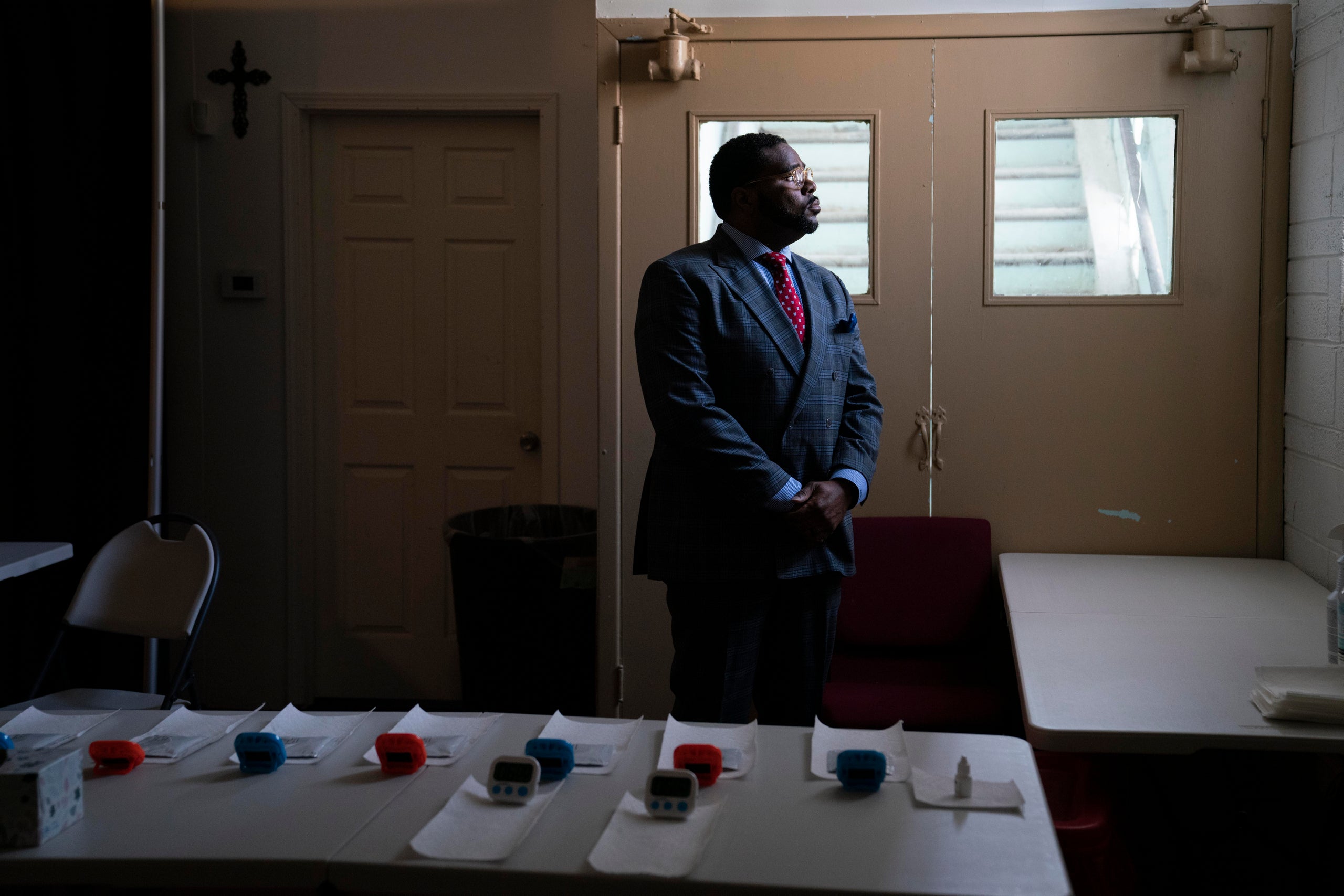 Rev. Charles Williams II in the area of his Detroit church currently being used for COVID-19 testing, May 14, 2021.