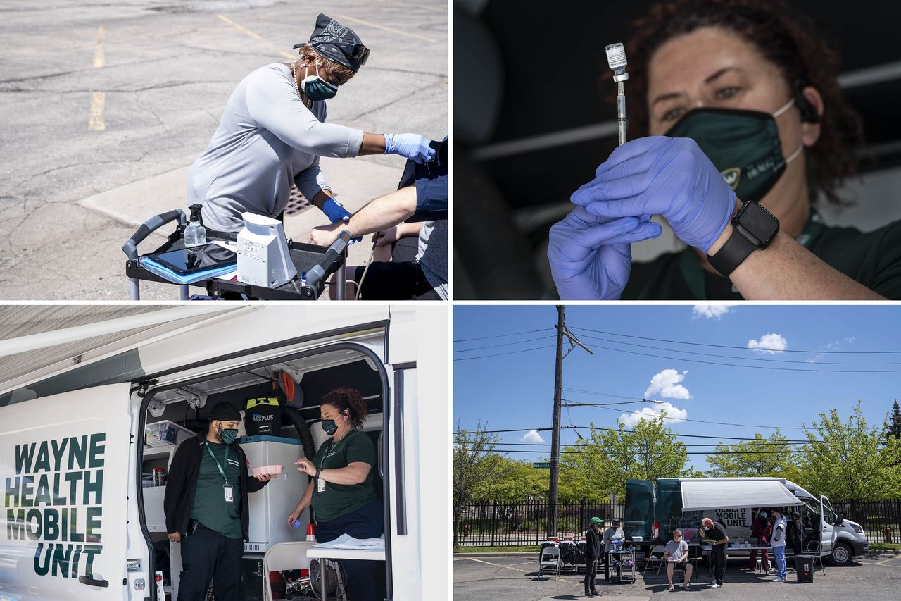 Top left: Dara Harris, a certified community health worker, checks blood pressure after a COVID-19 vaccine was administered at one of the Wayne Health Mobile Units in Detroit, May 14, 2021. Top right: Crystal Watson preps COVID-19 vaccines inside the van. Bottom left: Watson, right, and Salah Hadawan prep vaccines inside the van. Bottom right: Mark Helms of Ferndale, seated center, fills out paperwork to get his COVID-19 vaccine.