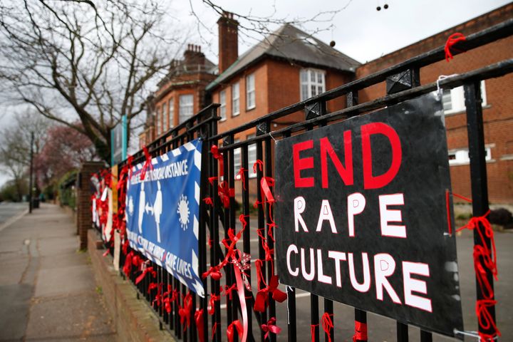  A placard saying 'End Rape Culture' attached to the fence outside James Allen's Girls' School (JAGS) on March 28, 2021 in London, England. 