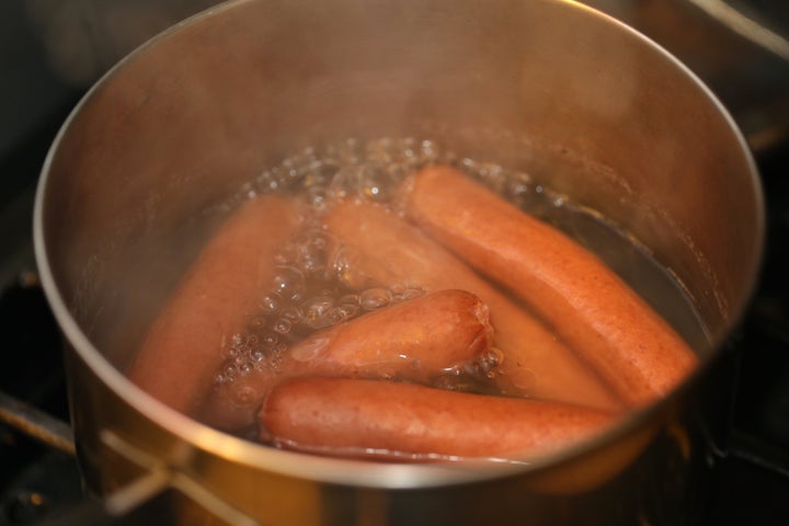 Look how sad these boiled hot dogs look.