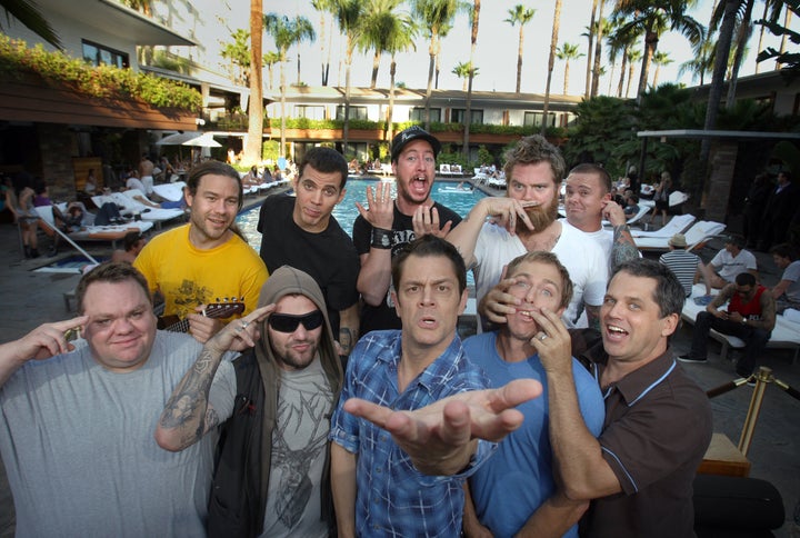 Jackass cast, clockwise from top left: Chris Pontius, Steve-O, Ehren McGhehey, Ryan Dunn, Jason "Wee Man" Acuna, Jeff Tremaine, Dave England, Johnny Knoxville, Bam Margera, and Preston Lacy.