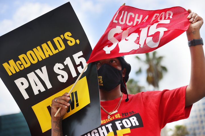 FORT LAUDERDALE, FLORIDA - MAY 19: Shantrell Jackson joins with McDonald's workers and labor activists to protest against the restaurant chain on May 19, 2021 in Fort Lauderdale, Florida. McDonald's workers in 15 cities across the country held the protests on the day before the company's annual shareholder meeting to demand McDonald's pay at least $15/hr. (Photo by Joe Raedle/Getty Images)