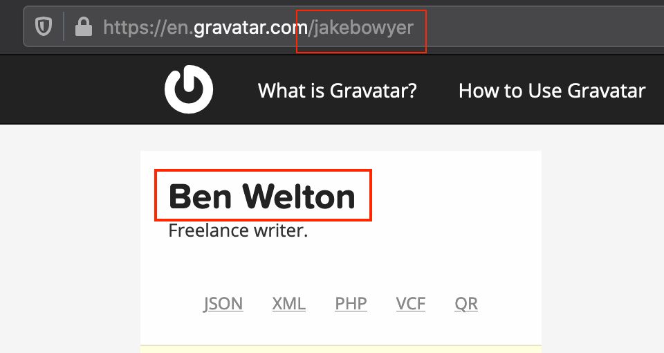 A screenshot from Gravatar showing a connection between Benjamin Welton and one of his pen names, Jake Bowyer.