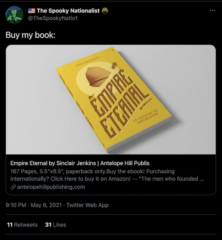 An account of Welton's promoting his book, which was published last month by Antelope Hill, a publishing house listed as a wh