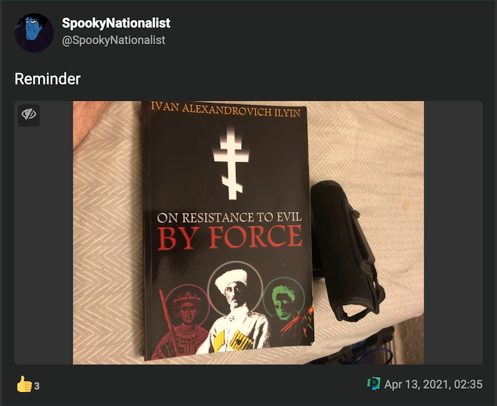 A menacing post from Welton’s Spooky Nationalist account on Poa.st. Welton received a Pistol Marksmanship Ribbon in the