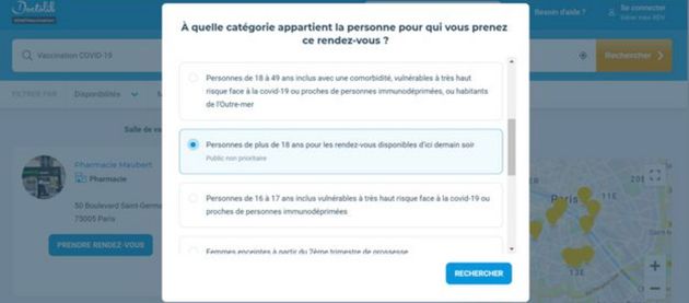 Capture d'écran du site de Doctolib, où tous les majeurs peuvent désormais prendre rendez-vous pour se faire vacciner contre le Covid-19 