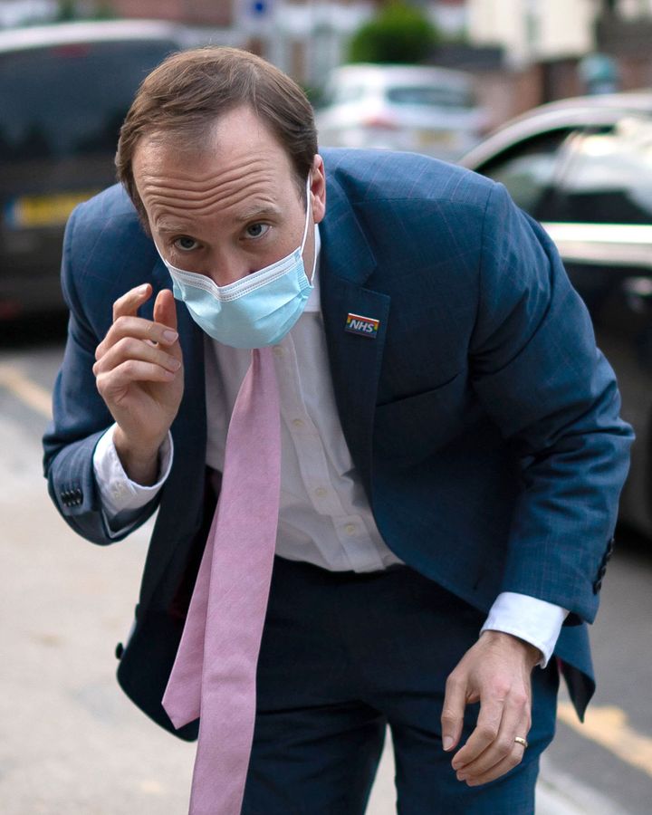 Health Minister Matt Hancock outside his home in north west London. Dominic Cummings, former chief adviser to Prime Minister Boris Johnson, giving evidence to the joint inquiry of the Commons Health and Social Care and Science and Technology Committees, has said that Mr Hancock should have been fired over coronavirus failings and "criminal, disgraceful behaviour" on the testing target. Picture date: Wednesday May 26, 2021. (Photo by Aaron Chown/PA Images via Getty Images)