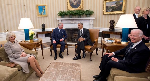 It won't be President Biden's first time meeting royalty. In March 2015, he met with the Duchess of Cornwall (left) and Prince Charles (second from left) with then-President Barack Obama. 