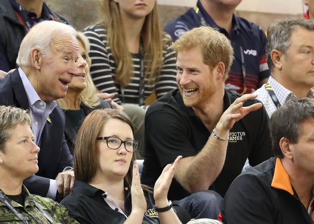 Prince Harry and the Bidens at a U.S.-Netherlands matchup in the Wheelchair Basketball Finals during the Invictus Games 2017 in Toronto. 