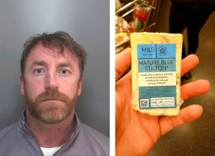 Two images released Thursday May 27, 2021, by Merseyside Police showing a photo of Carl Stewart, left, and the photo he posted of himself holding a block of cheese that was used by police to identify Stewart who has been jailed Friday May 23, 2021, for 13 years and six months on various drugs charges. Carl Stewart, 39, posted online a photo of himself holding a block of mature blue cheese and police in Europe cracked the encrypted network as part of Operation Venetic, and officers were able to analyse his fingerprints from the photo to identify him. (Carl Stewart/Merseyside Police via AP)