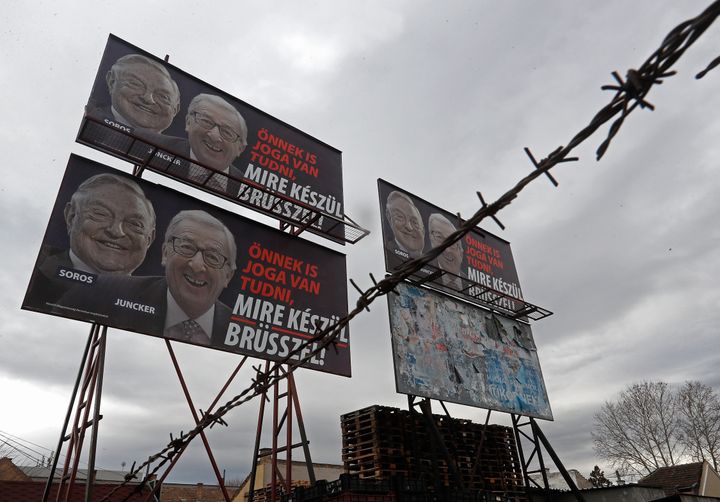 BUDAPEST, HUNGARY - FEBRUARY 22: A billboard seen with portraits of European Commission chief Jean-Claude Juncker and Hungarian-born US billioner George Soros and a slogan reading "You too have a right to know what Brussels is preparing"on February 22, 2019 in Budapest, Hungary.Hungary launched a new anti-immigration media campaign prior the European parliamentary election.(Photo by Laszlo Balogh/Getty images) (Photo by Laszlo Balogh/Getty Images)