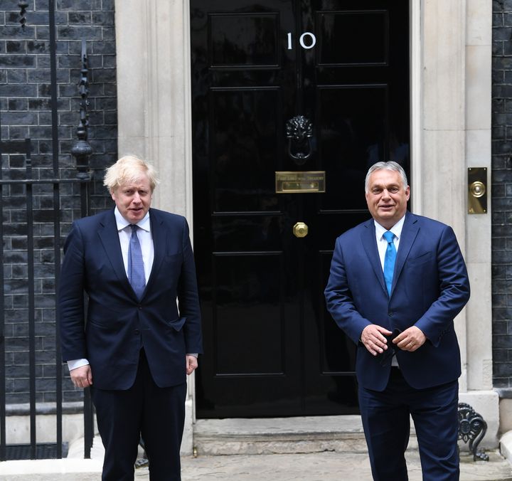 Prime Minister Boris Johnson welcomes the Prime Minister of Hungary, Viktor Orban, into 10 Downing Street, London. Picture date: Friday May 28, 2021.
