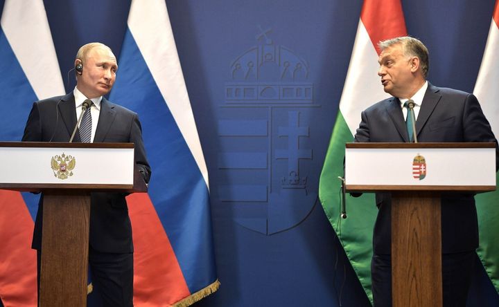 Russian President Vladimir Putin (L) and Prime Minister of Hungary, Viktor Orban (R) hold a joint press conference in Budapest, Hungary 
