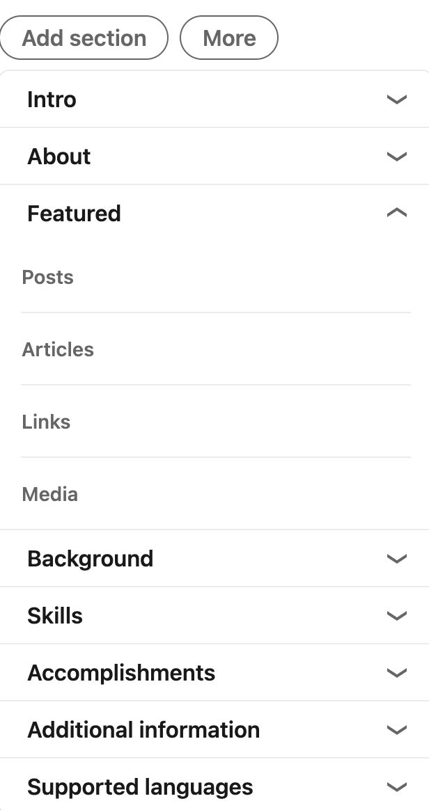 LinkedIn's profile page has many sections that professionals can fill out.