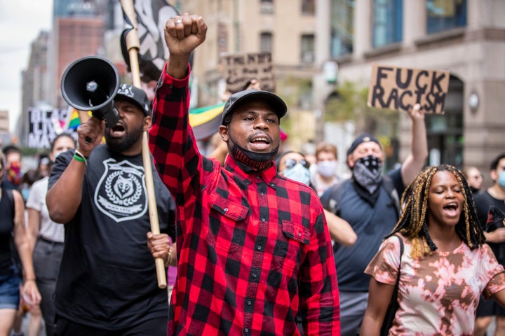 Black Lives Matter protesters march in New York City in August. Proponents of police reform fear losing ground amid rising crime. 