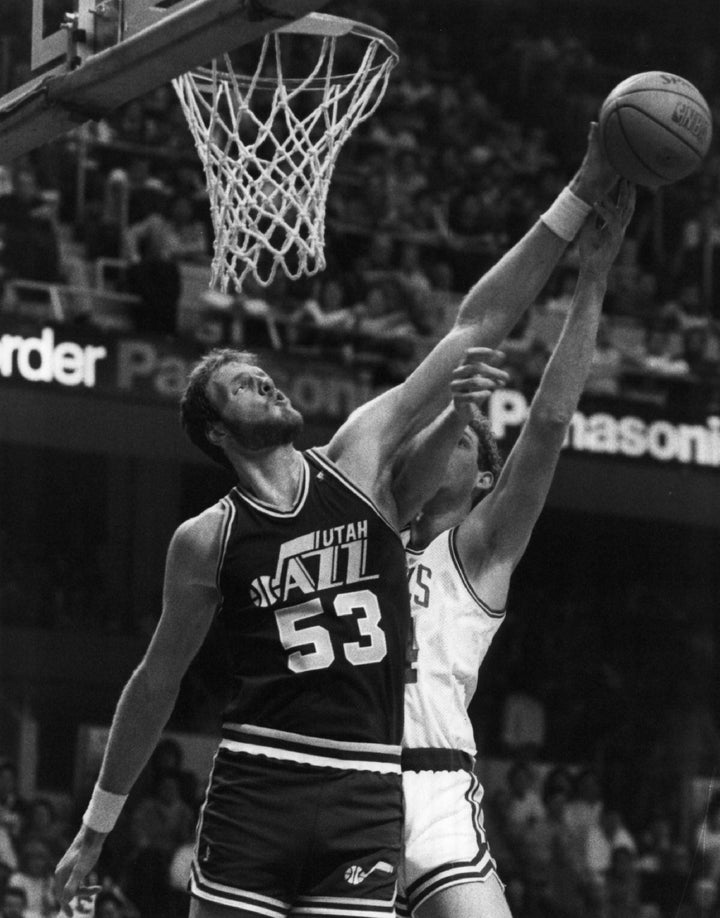 Mark Eaton, #53 of the Utah Jazz, circa 1989 against the Boston Celtics.&nbsp;