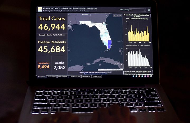 Florida's COVID-19 Data and Surveillance Dashboard is seen on a computer screen. Rebekah Jones, the woman who created and ran Florida's online coronavirus data site, was removed from her job in early 2020. 