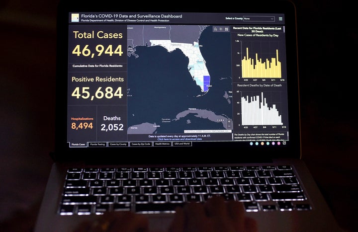 Florida's COVID-19 Data and Surveillance Dashboard is seen on a computer screen. Rebekah Jones, the woman who created and ran Florida's online coronavirus data site, was removed from her job in early 2020.