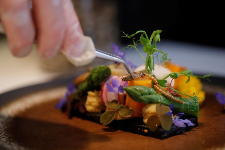 12 Mαϊου 2021. Ο σεφ Λοράν Βεγιέ επιδεικνύει ένα πιάτο από του μενού του εστιατορίου Inoveat, με βασική ύλη τα έντομα. REUTERS/Sarah Meyssonnier