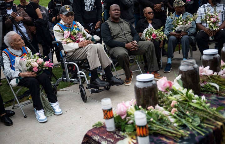 Survivors Viola Fletcher (left) and Hughes Van Ellis look on during a soil dedication ceremony in Tulsa, Oklahoma, for victims of the 1921 massacre on the 100-year anniversary on May 31.