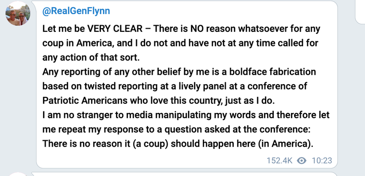 Screen shot of Telegram post linked to Michael Flynn.