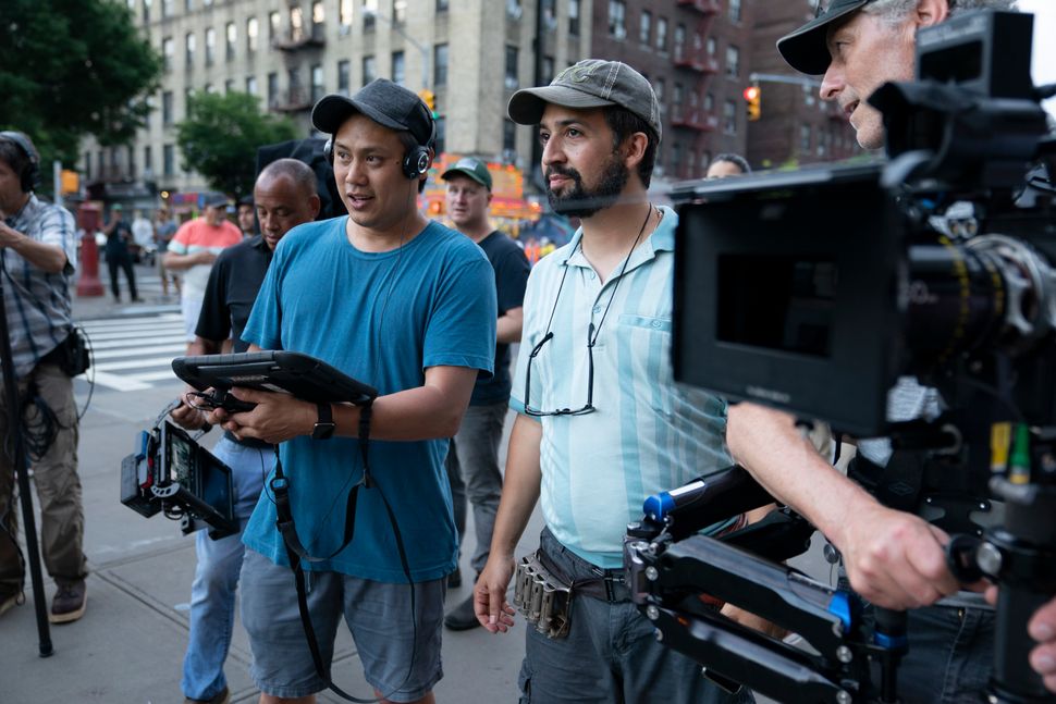 "In the Heights" director Jon M. Chu (left) with creator Lin-Manuel Miranda (right) on the film's set.