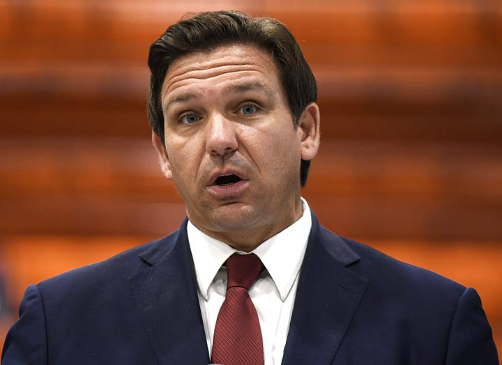 Florida Gov. Ron DeSantis speaks at a press conference at LifeScience Logistics. 