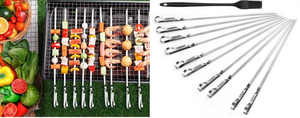 A set of 10 stainless-steel barbecue skewers