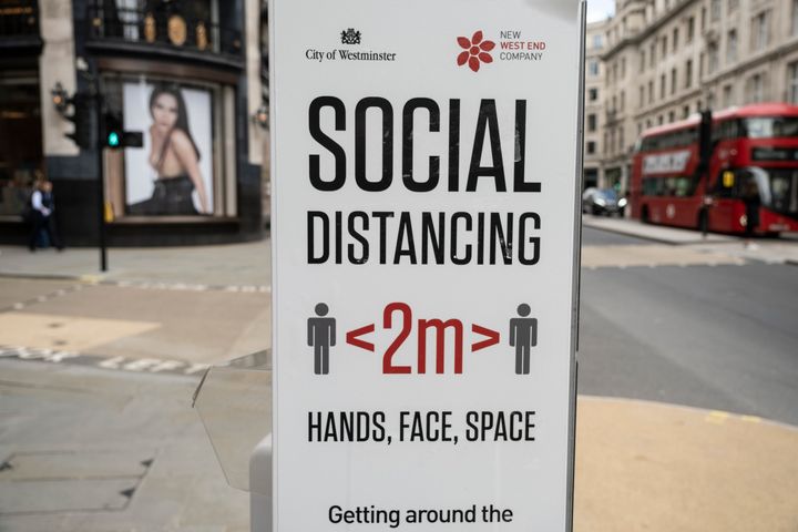 Social distancing sign on Regent Street 'Hands, face, space' on 26th May 2021 in London, United Kingdom.