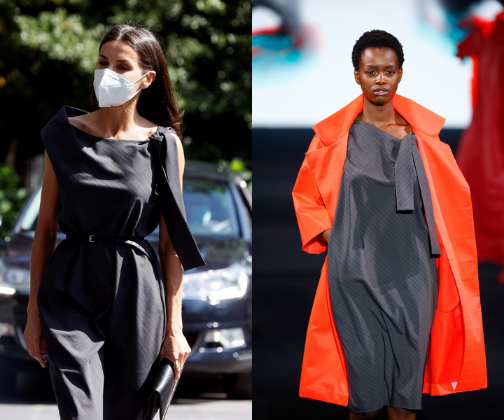 A la izquierda, Letizia este miércoles; a la derecha, el diseño de APRAMP con Ulises Mérida en la Mercedes-Benz Fasion Week.