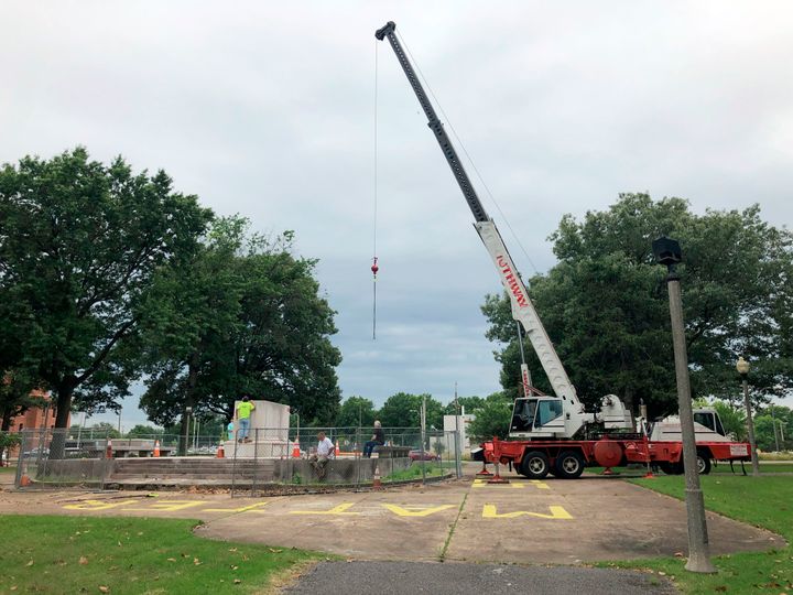 A heavy crane that will be used to help dig up the remains of former Confederate Lt. Gen. Nathan Bedford Forrest and his wife at Health Sciences Park in Memphis, Tennessee. 