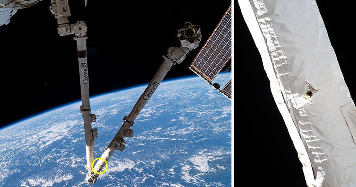 A hole is seen in Canadarm2 aboard the International Space Station in May 2021.