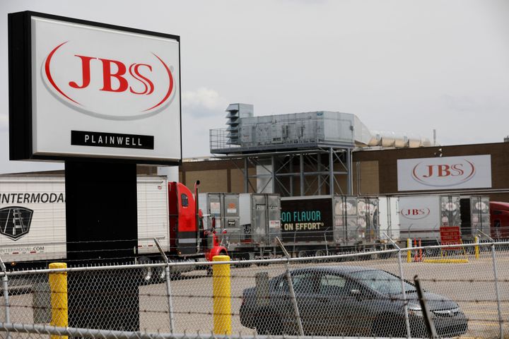 The JBS meat plant is viewed in Plainwell, Michigan, on June 2, 2021. An American subsidiary of Brazilian meat processor JBS told the U.S. government that it has received a ransom demand in a cyberattack it believes originated in Russia, forcing some plants to cut production.