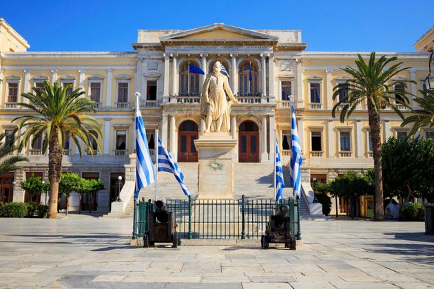 Ermoupolis City Hall. Ermoupoli port. Greek island Syros.  Syros is a Greek island in the Cyclades group in the Aegean Sea.