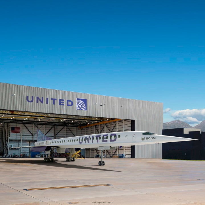 This photo provided by Boom Supersonic shows an artist's rendition of United Airlines Boom Supersonic Overture jet. United sa