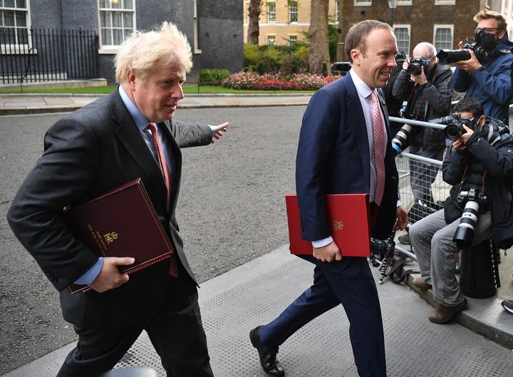 Prime Minister, Boris Johnson and Secretary of State for Health and Social Care, Matt Hancock walk from Downing Street