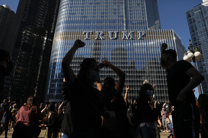 Supporters celebrate near Trump International Hotel & Tower in Chicago following the declaration of victory for President-elect Joe Biden and Vice President Kamala Harris on Saturday, Nov. 7, 2020. (Abel Uribe/Chicago Tribune/Tribune News Service via Getty Images)