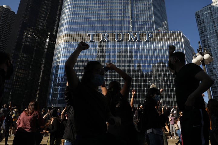 Supporters celebrate near Trump International Hotel &amp; Tower in Chicago following the declaration of victory for President