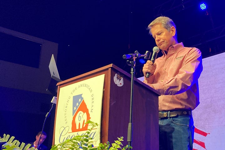 FILE - In this May 15, 2021, file photo, Georgia Gov. Brian Kemp speaks to Republicans at the 6th Congressional District convention in Alpharetta, Ga. (AP Photo/Jeff Amy, File)