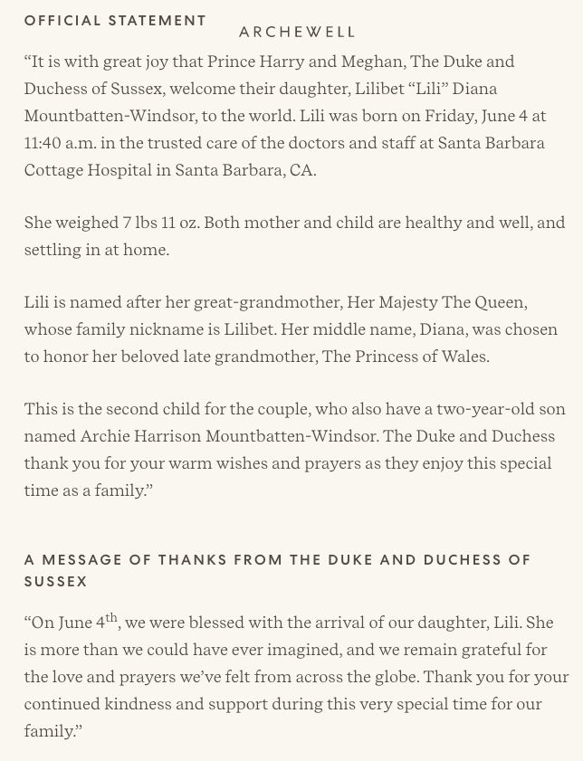 The official statement from Meghan and Harry published on the Archewell website.