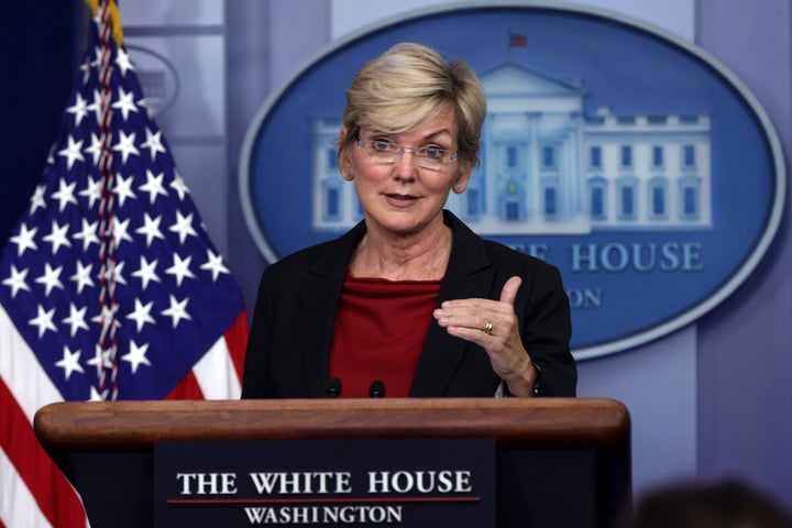 WASHINGTON, DC - APRIL 08: U.S. Energy Secretary Jennifer Granholm speaks during a daily press briefing in the James Brady Pr