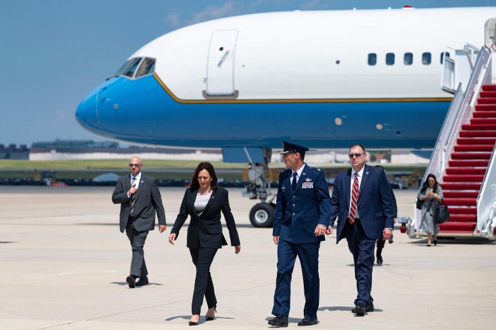  Vice President Kamal Harris walks off Air Force Two at Andrews Air Force Base, on Sunday after her plane was forced to