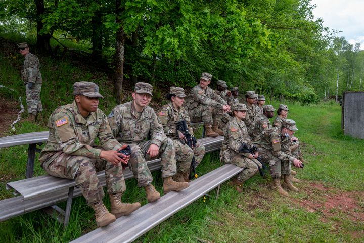 03 June 2021, Rhineland-Palatinate, Baumholder: US soldiers sit on benches during an exercise at the Baumholder military training area. (Photo by Harald Tittel/picture alliance via Getty Images)