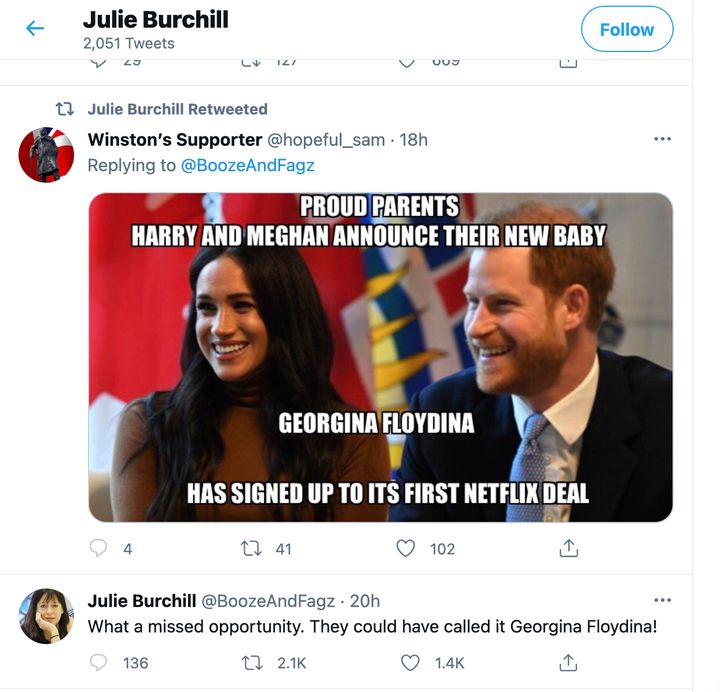Screenshots of Burchill's original tweet and a racist meme she retweeted before her Twitter account was deactivated.